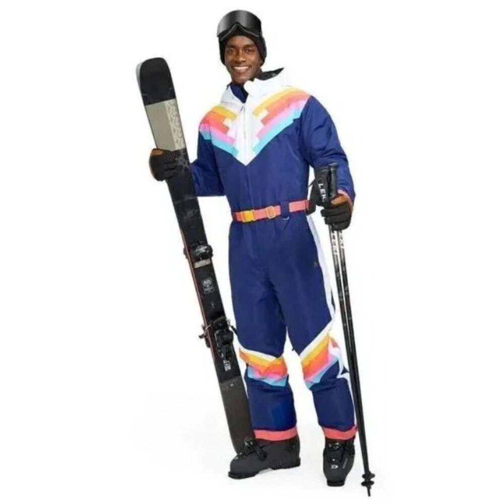 NWT Tipsy Elves Men's Santa Fe Shredder Snow Suit Ski Navy Rainbow Stripe Size M